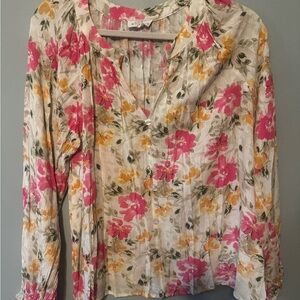 Floral V-Neck Button-Front Blouse in Pink & Yellow on Cream